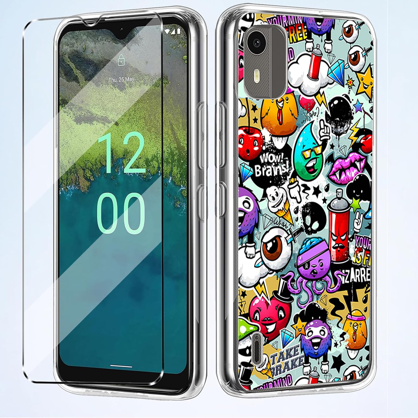[2 in 1] Case Compatible with NOKIA C12 Cover with 1 Pack Tempered Glass Screen Protector for NOKIA C12, Slim Fit Soft TPU Shockproof Anti-Scratch Phone Case Cover - scrawl