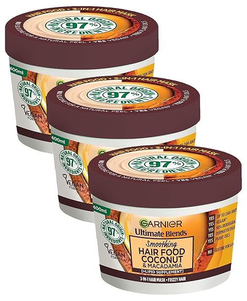 Garnier Hair Food 3-in-1 Hair Treatment Mask, Smooths and Nourishes, For Frizzy & Curly Hair, No Silicones, Vegan Formula, Coconut Oil, Ultimate Blends, 400ml (Pack of 3)