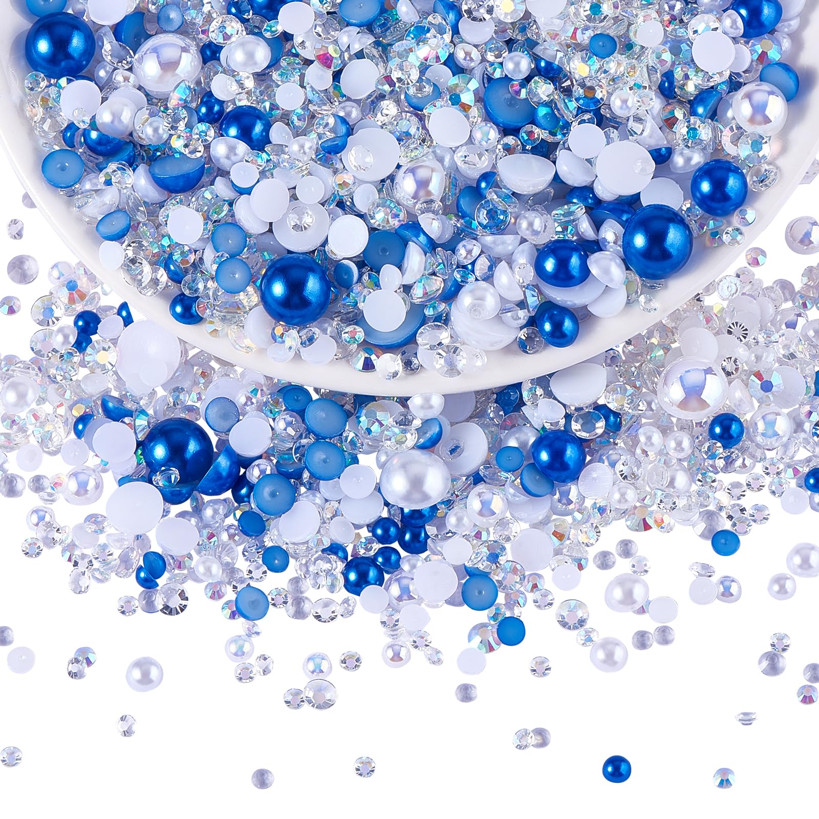 BEEFLYING 60g Mix Flatback Pearls & Resin Rhinestones Half Round Pearl Beads for Crafts 3mm-10mm Half Pearl Rhinestone for Face Art Tumblers Bottles Clothes Gift Card Jewelry Decor(Blue White)