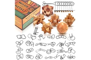 LESONG Brain Teaser Wooden Metal Puzzles - Stocking Stuffers Brain Teaser Disentanglement Iron Link Unlock Interlock Game Chinese Ring Magic Trick Toy for Party Favors Kids Adults Challenge 32pack