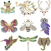Hicarer 9 Pieces Women Brooches Pins Bulk Set Rhinestone Animal Insect Crystal Pins Butterfly Dragonfly Hummingbird Owl Peacock Brooch Pin for Women Girls Winter Valentine Day Gifts, 9 Styles