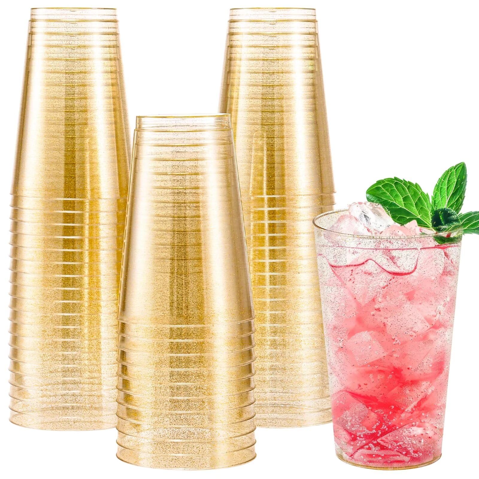Photo 1 of *FACTORY SEALED*
 100 Pack 14 oz Gold Plastic Cups, Disposable Gold Glitter Plastic Cups, Fancy Clear Plastic Cocktail Cups for Wedding, Thanksgiving, Christmas, Parties