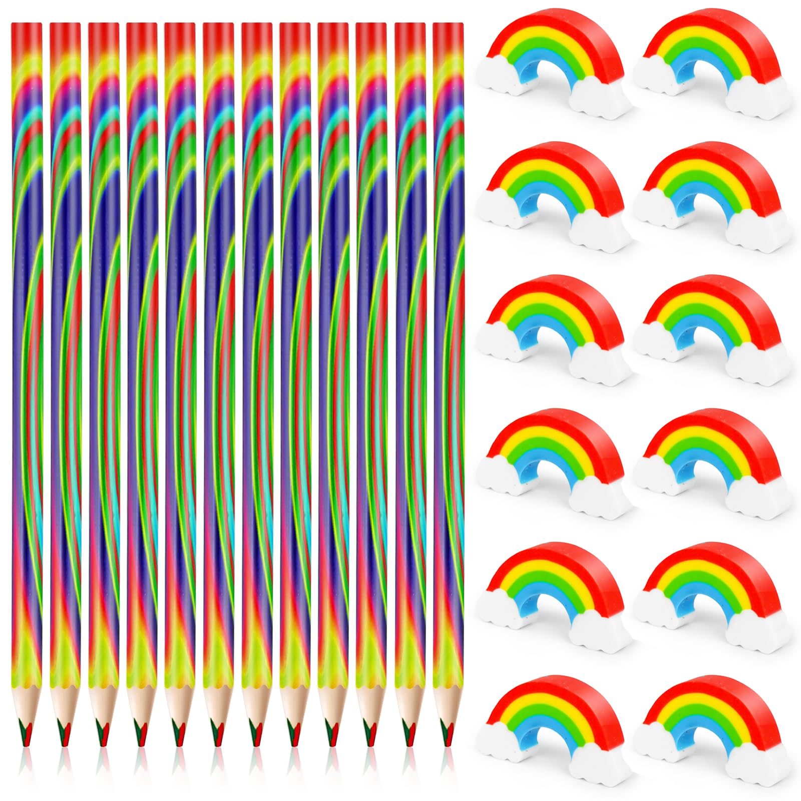MirraSwit 12 Pcs Rainbow Pencils with Eraser, Rainbow 4 in 1 Pencils for Party Bags for Adult Art Drawing, Sketching Stationery, Pre-sharpened
