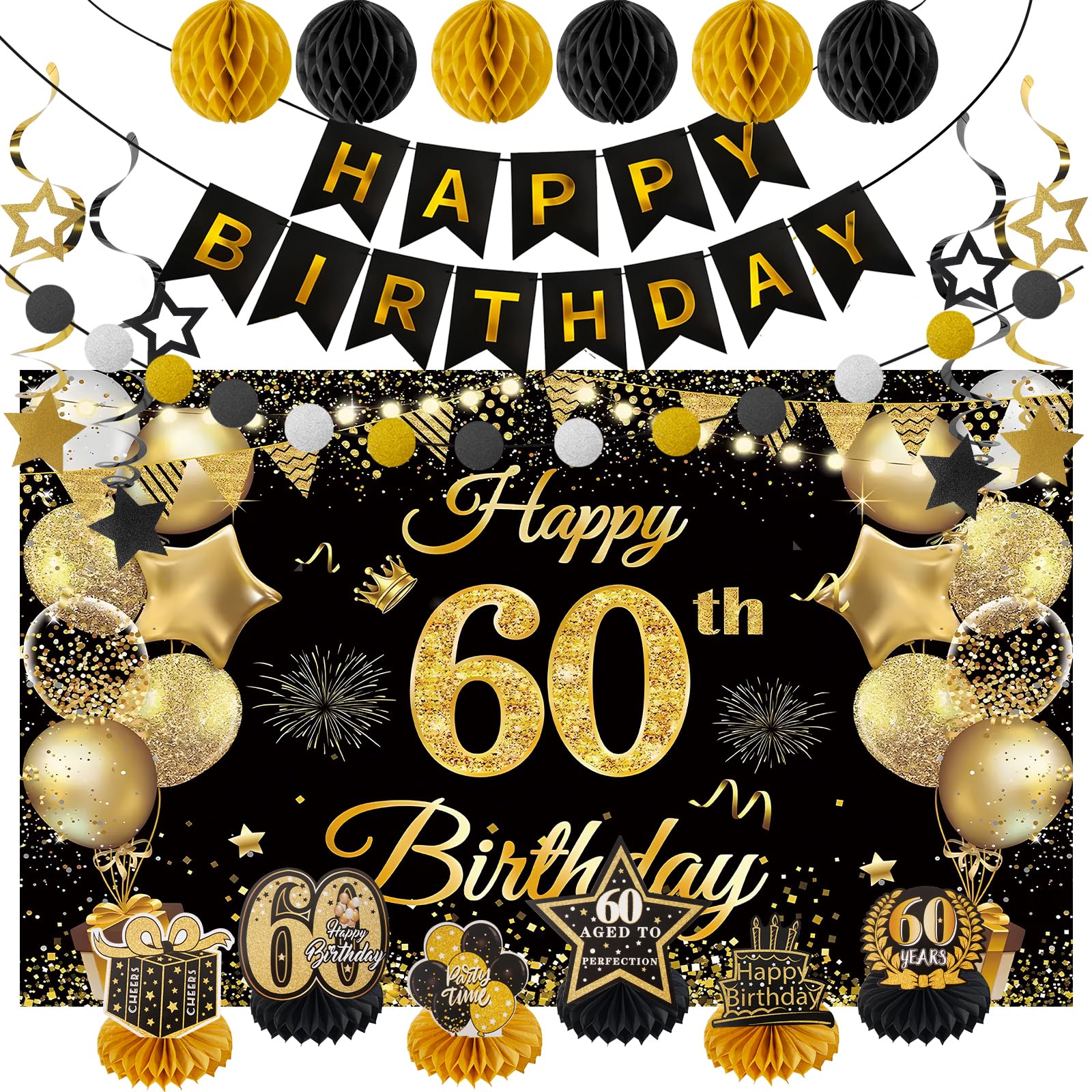Happy Birthday Party Decoration Set: Including Birthday Banner Backdrop, Party Table Centerpieces and Hanging Swirl Party Streamers, Birthday Decor Suppliers for Men and Women (Black and Gold, 60th Birthday)