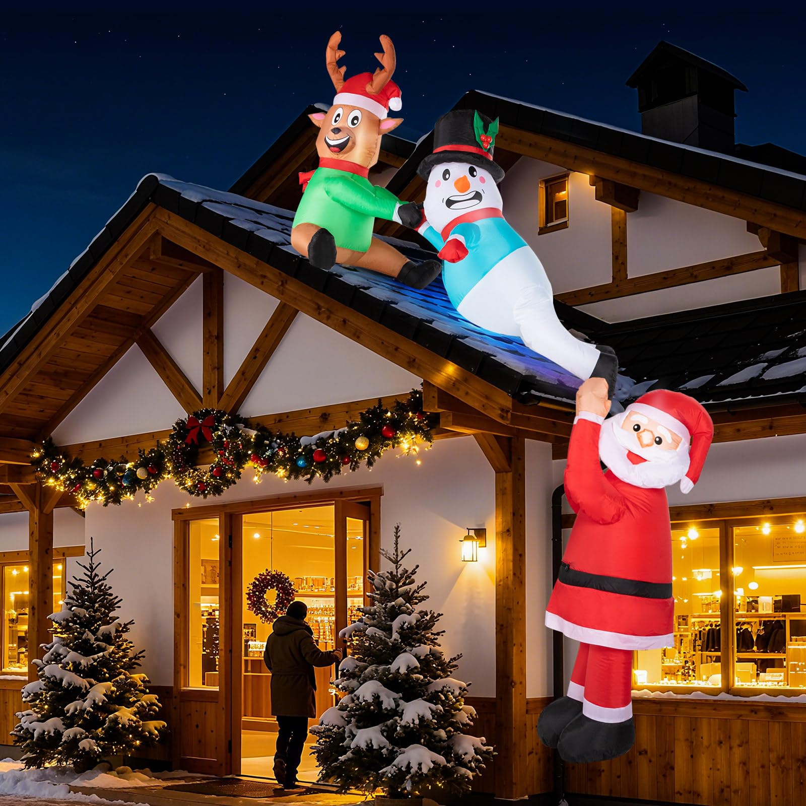 Photo 1 of 10FT Rooftop Santa and Reindeer Christmas Inflatable, Light Up Hanging Inflatable Christmas Roof Decoration, Climbing Santa Inflatables with Reindeer&Snowman, Xmas Blow Up Yard Decorations for Holiday