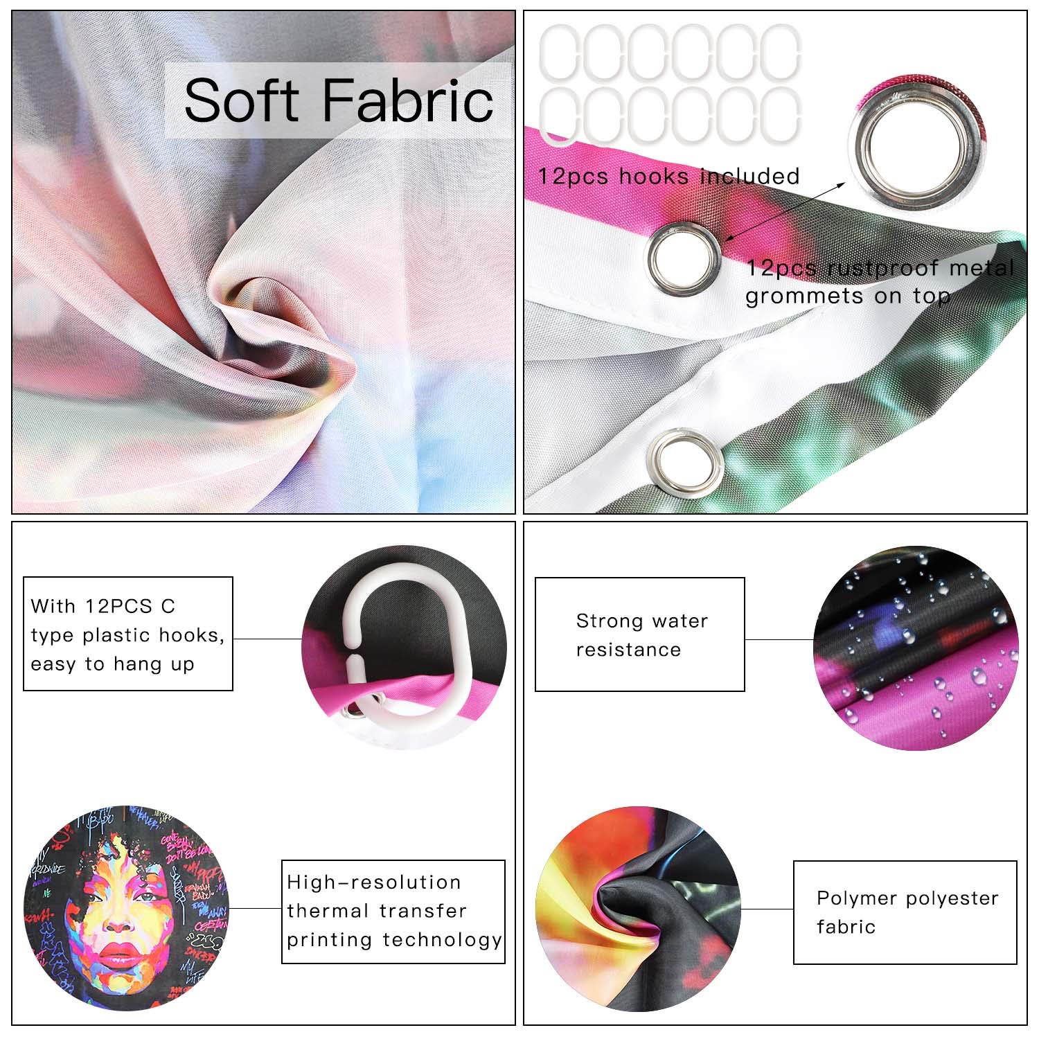 Flymall Shower Curtain Set,Waterproof Washable Polyester Fabric African Women Painting Shower Curtain Including 12-Pack Shower Hooks for Home Bathroom Decor(71 x 71)