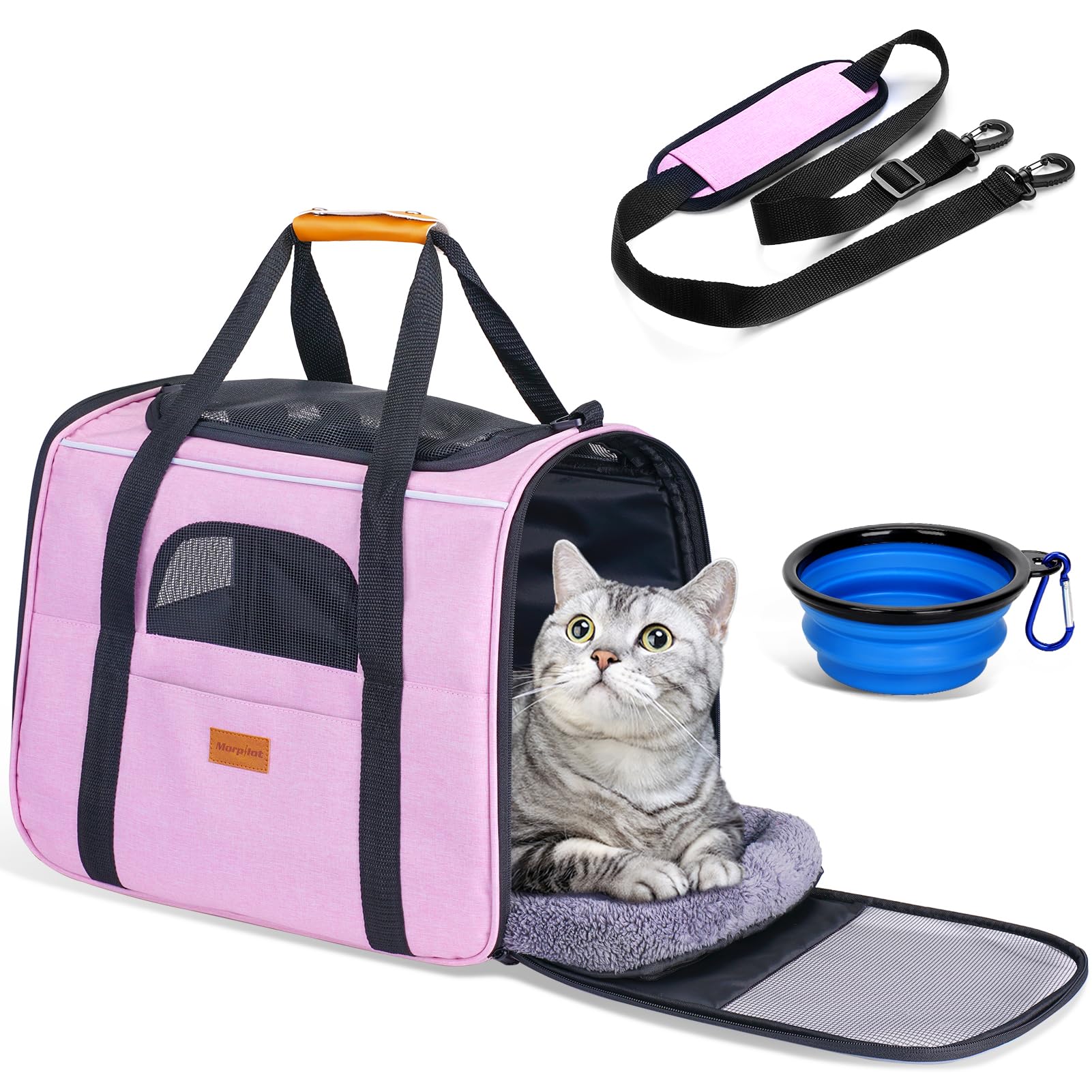 morpilot Pet Carrier Bag, Portable Cat Carrier Bag Top Opening, Removable Mat and Breathable Mesh, Foldable Cat Carrier Transport Bag for Dogs and Cats, with Shoulder Strap and Pet Bowl, Light Pink