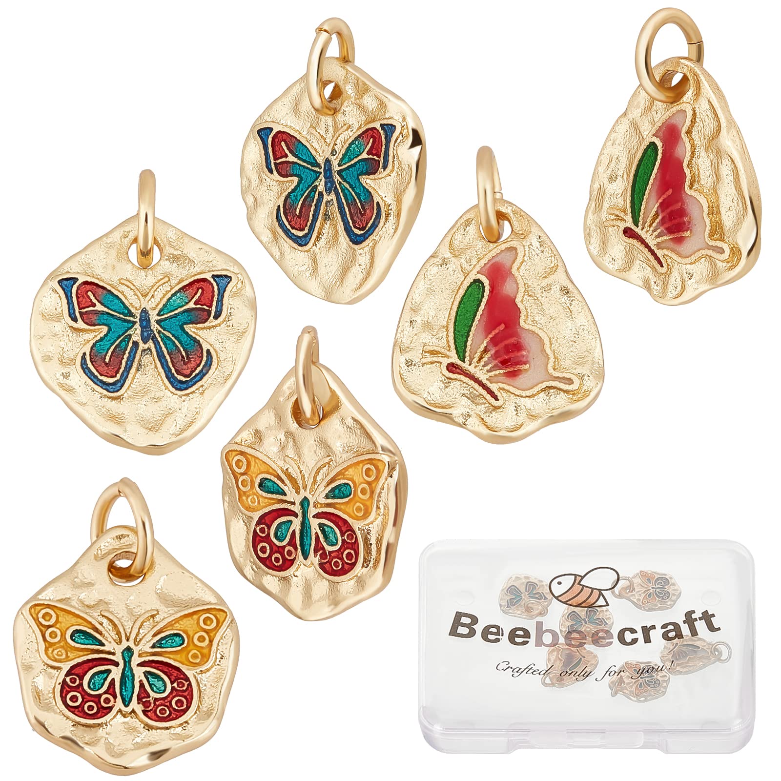 Beebeecraft 6Pcs 3 Style 18K Gold Plated Butterfly Charms Light Gold Enamel Animal Charms Pendants for Jewelry Making Bracelet Choker Necklace Earring — image 1