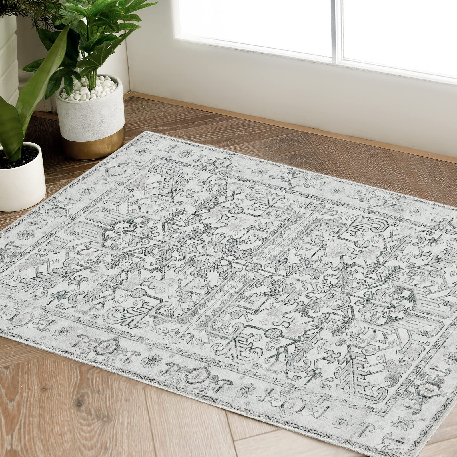 TOPICK Door mat Washable 60x90cm Grey Entryway Rug Indoor Vintage Print Small Doormat Thin Lightweight Non Slip Carpet for Kitchen Bathroom