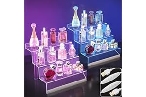 GOLENER Acrylic Display Organizer with LED Light - 3 Tier Perfume Stand & Display Step Shelves Holder, Cologne Organizer for Men, Figures Stand, Porta Perfumes Para Tocador, Clear Cupcake Riser, 2 Pack Stands