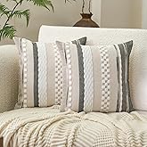Aeckself Boho Throw Pillow Covers 18x18 Inch Set of 2, Farmhouse Decorative Striped Square Pillow Covers Chenille Tufted Pillow Cases Accent Neutral Pillowcase for Living Room Couch Bed, Gray