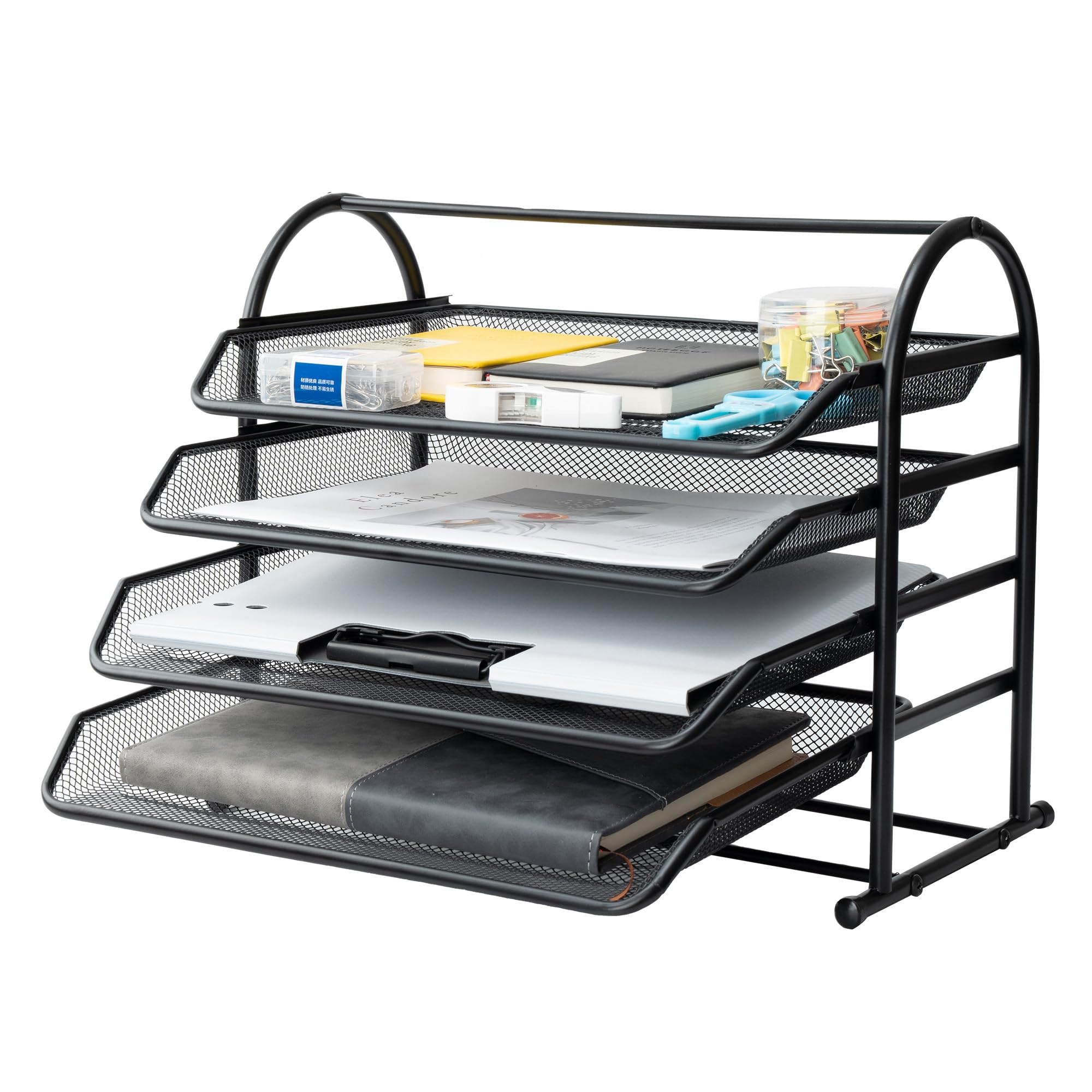 4 Tier Mesh Letter Tray,Office Desk Paper Organizer with Sliding Trays for Desk Accessories, Office Supplies and File Storage, Black
