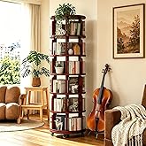 Azlafu 6 Tier 360&deg; Rotating Solid Wood Bookshelf with Wheels | ,Lazy Susan Circular Spinning Revolving Corner Bookcase, Freestanding Storage Shelf for Bedroom Small Space, Walnut