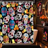 MEHOFOND Sugar Skull Shower Curtain Day of The Dead Bathroom Decor 72x72in | Mexican Skeleton Calavera Colorful Flowers Skeleton Graveyard Day of The Dead Hispanic Style Bathroom Decor with 12 Hooks