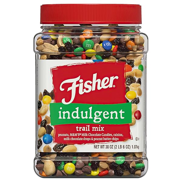 FISHER SNACK INDULGENT BULK TRAIL MIX, 38 OZ (PACK OF 1), PEANUTS, MILK CHOCOLATE CANDIES, RAISINS, MILK CHOCOLATE AND PEANUT BUTTER CHIPS, SNACKS FOR ADULTS AND KIDS, TRAIL MIX SNACKS