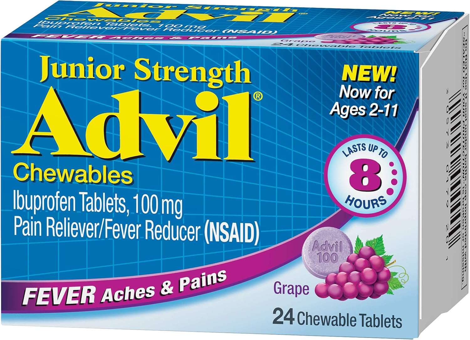 Advil Junior Strength Chewables (24 Tablets, Grape Flavor), 100mg Ibuprofen, Fever Reducer/Pain Reducer, Ages 2–11, Pack of 2: Health & Personal Care