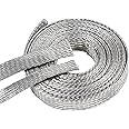 Tinned Copper Grounding Braid Straps Shielding Wire Sheathing Cable Sleeve Metal Flat Mesh Flexible Expandable (1/2 in Wide(0.32 in Dia)-15ft)