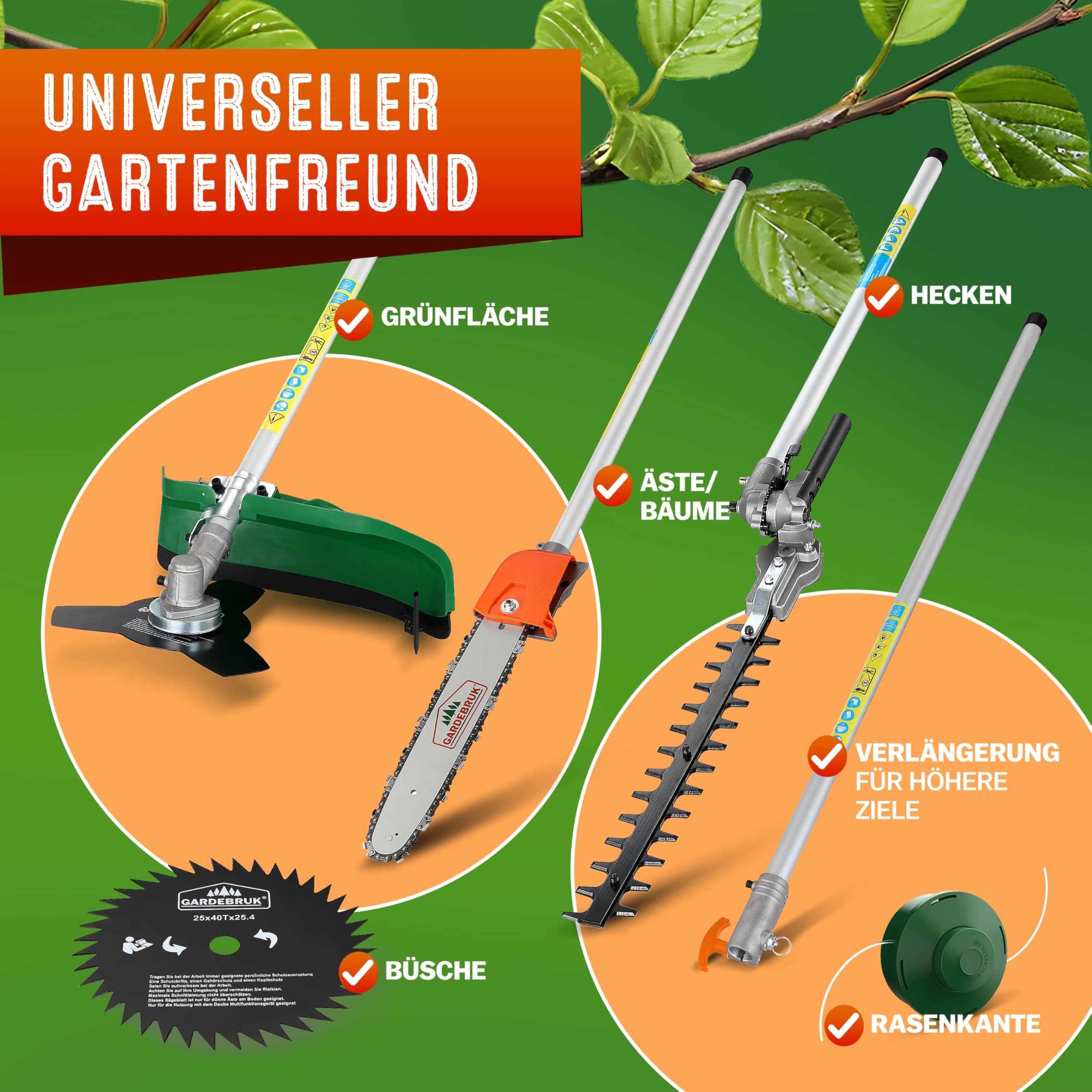 GARDEBRUK® Benzin Motorsense Freischneider 5 in 1 Heckenschere Rasentrimmer Hochentaster 2 PS Tragegurt verstellbar 1m Verlängerung 8