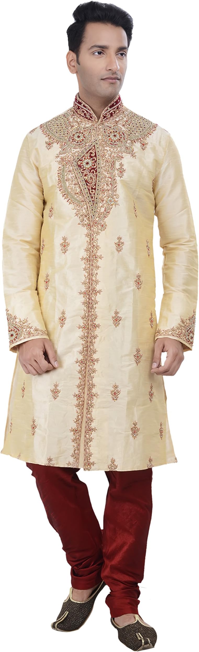 Rajwada Indian Design Gold Kurta Sherwani for Men 2pc Suit