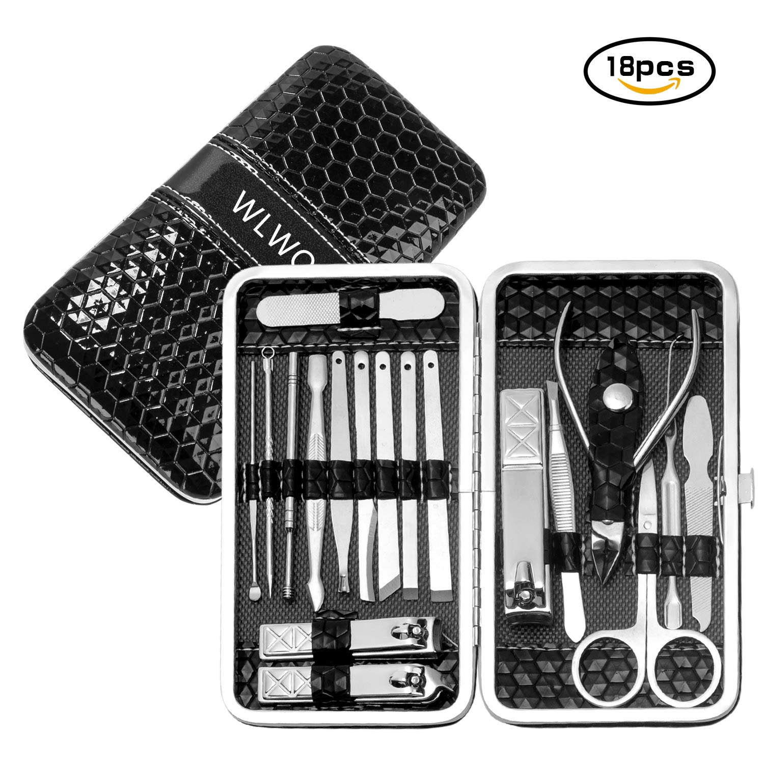 Manicure Pedicure Set, WLWQ 18 in 1 Stainless Steel Pedicure Kit Professional Nail Clippers Grooming Tools with Portable Leather Travel Case (Black)