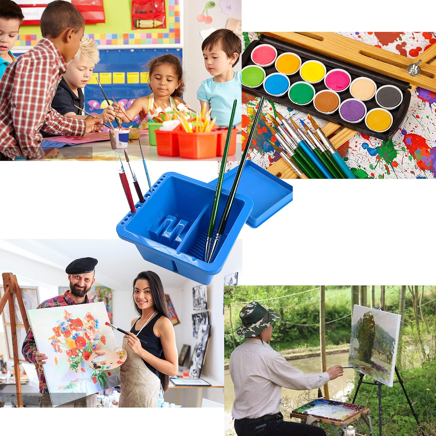 Artist Paint Brush Washer Cleaner Art Brush Washing Pot Plastic Bucket Portable Art Pen Wash Barrel Tub with Lid Palette and 12 Hole Brush Holders for Watercolor Acrylic Oil Painting - Image 5