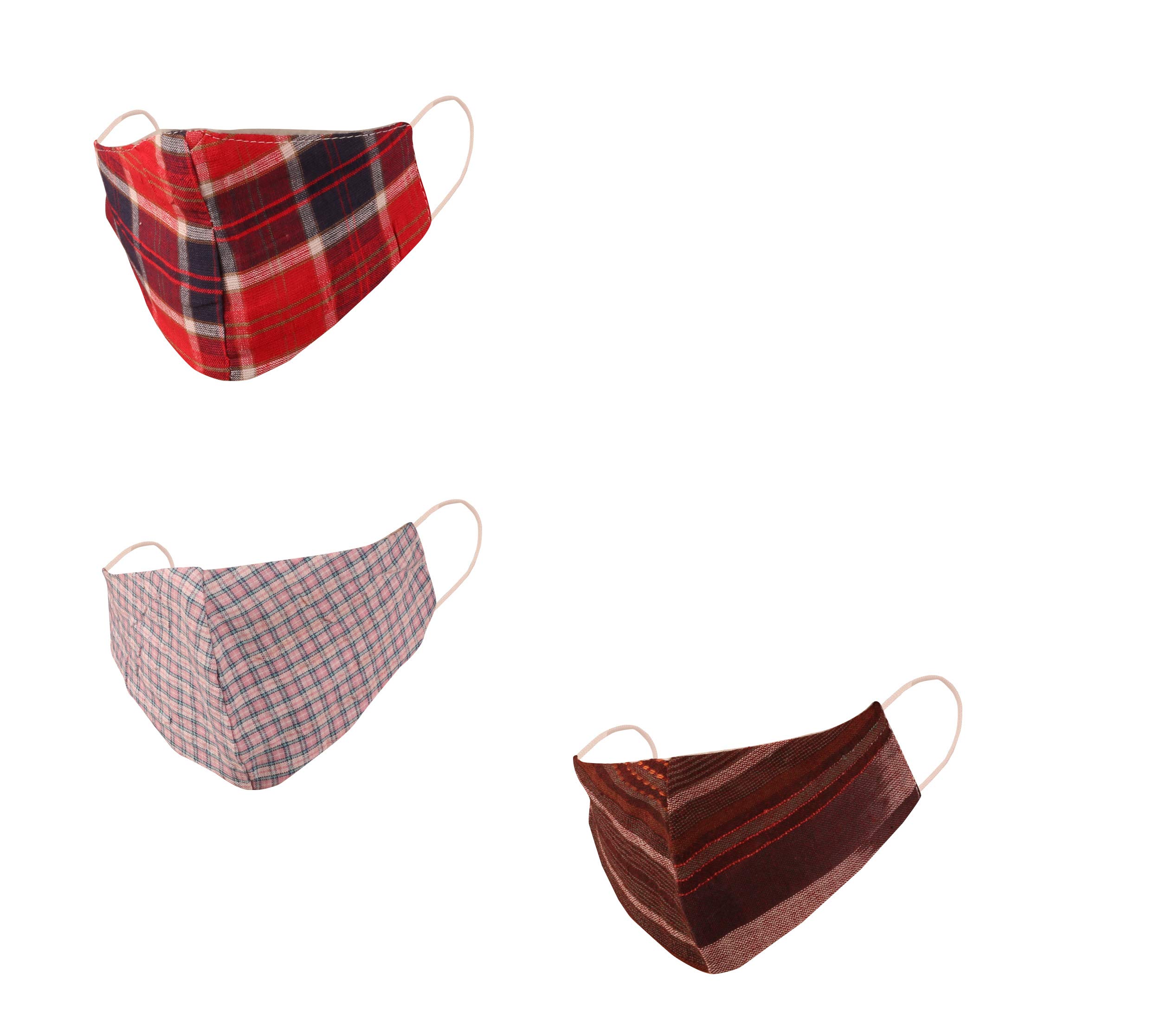 Touchstone Checked Cotton Face Masks Small Size Reusable Washable Handcrafted Double Layer for women, men. (Pack of 3). Red Pink Brown — image 1