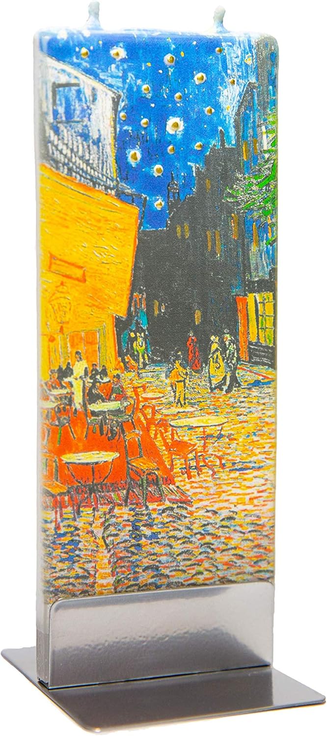 Flatyz Hand Painted Flat Candle| Unscented, Dripless, Smokeless, Decorative | Van Gogh – Cafe Terrace | Double Wick with Metal Base | Unique Gift Idea and Home Décor Accent: Home & Kitchen