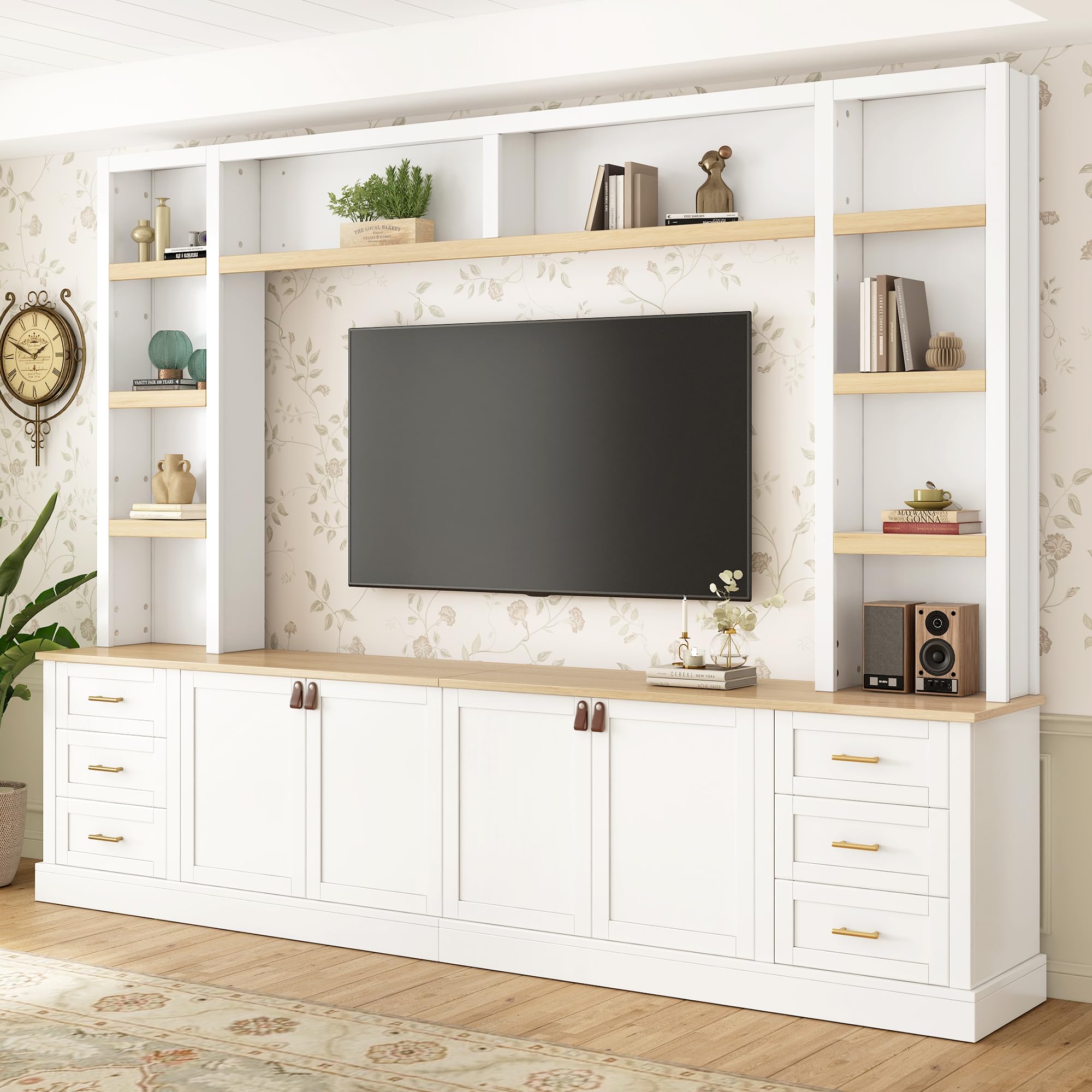 Photo 1 of Merax 102.3 Inch Wide Farmhouse Entertainment Center, Rustic TV Stand with 6 Drawers & Adjustable Shelves, Large Media Console for TVs up to 75", Modern Bookshelves Wall Unit, White