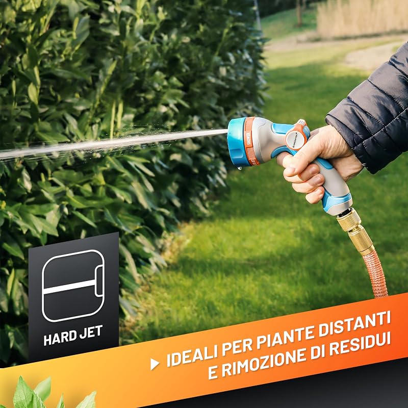 Pistola Acqua Giardino - 5 Tipi di Spruzzi - Pistola per Irrigazione Ultraleggera per Tubo Acqua con Spruzzo Multifunzione x Innaffiare Giardino e Lavaggio Auto. Controllo al Pollice.