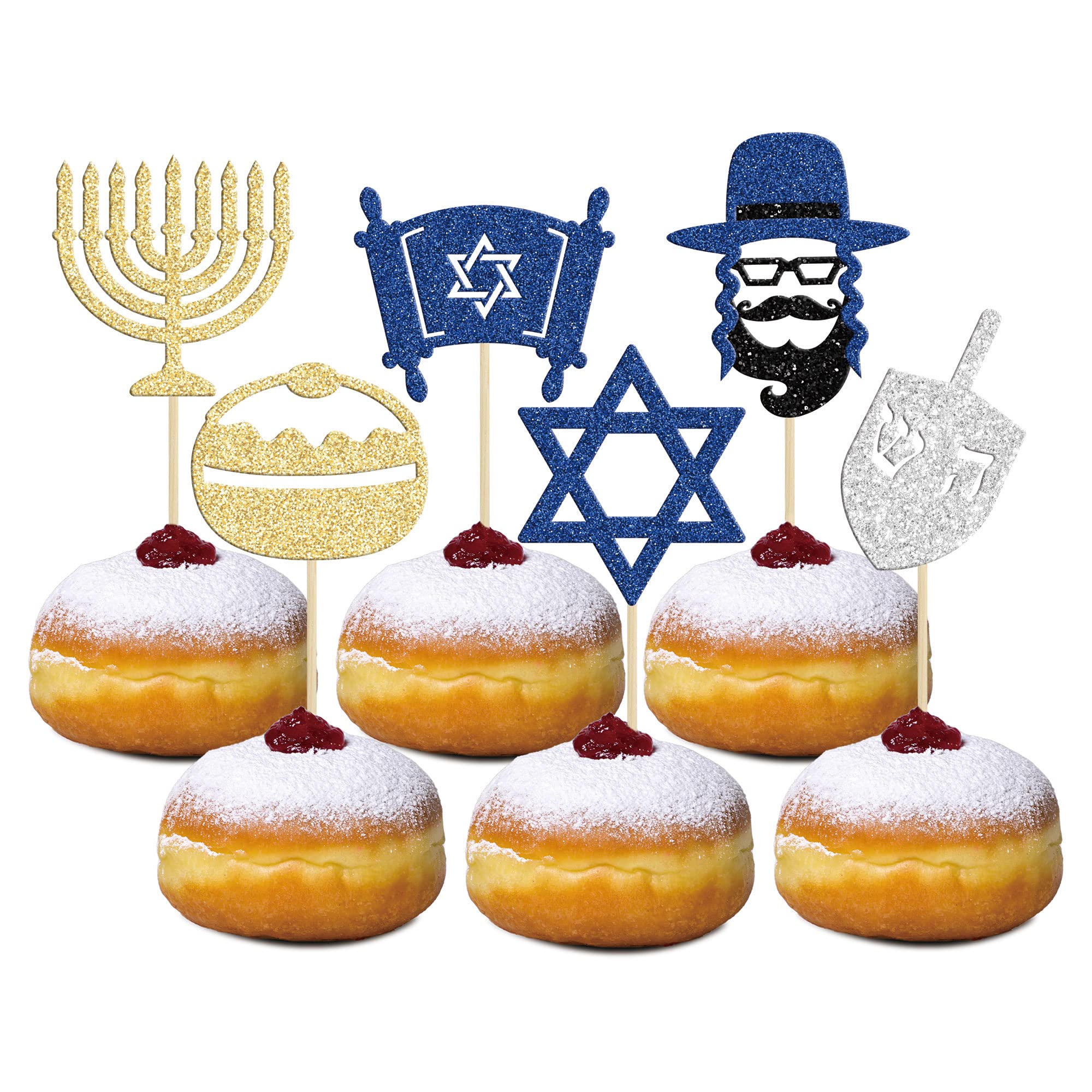 Gyufise 24Pcs Hanukkah Cupcake Toppers Glitter Menorah Cupcake Toppers Candlestick Hexagram Hanukkah Party Decorations Chanukkah Theme Party Supplies