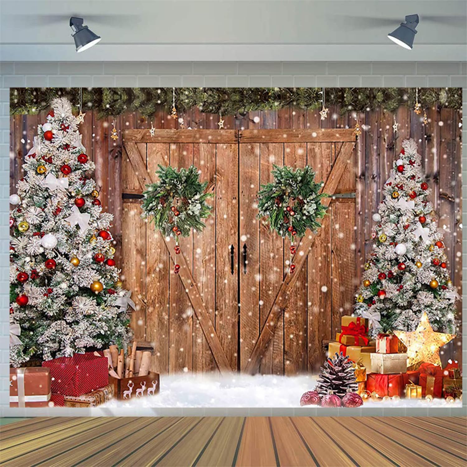 10x8FT Christmas Backdrop Rustic Barn Wood Door Xmas Tree Snow Gifts Photography Background Family Kids Portrait Photoshoot Winter Holiday New Year Party Decorations Banner Photo Booth Props
