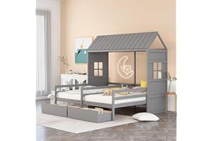 BOVZA Twin Size Wooden House Double Platform Beds with Drawers, Hosue Shaped Roof and Windows, for 2 Kids Teens Girls Boys, Gray