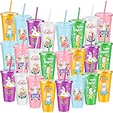 Uiifan 24 Pcs Easter Cups Bulk Plastic Bunny Tumbler with Lid and Straw 24 oz Reusable Easter Cups for Party Supplies Decoration(Classic)