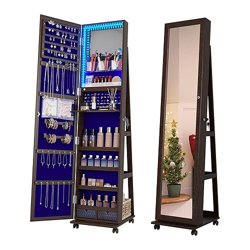 HNEBC 360° Rotating Jewelry Armoire with Lights, Lockable Mirror