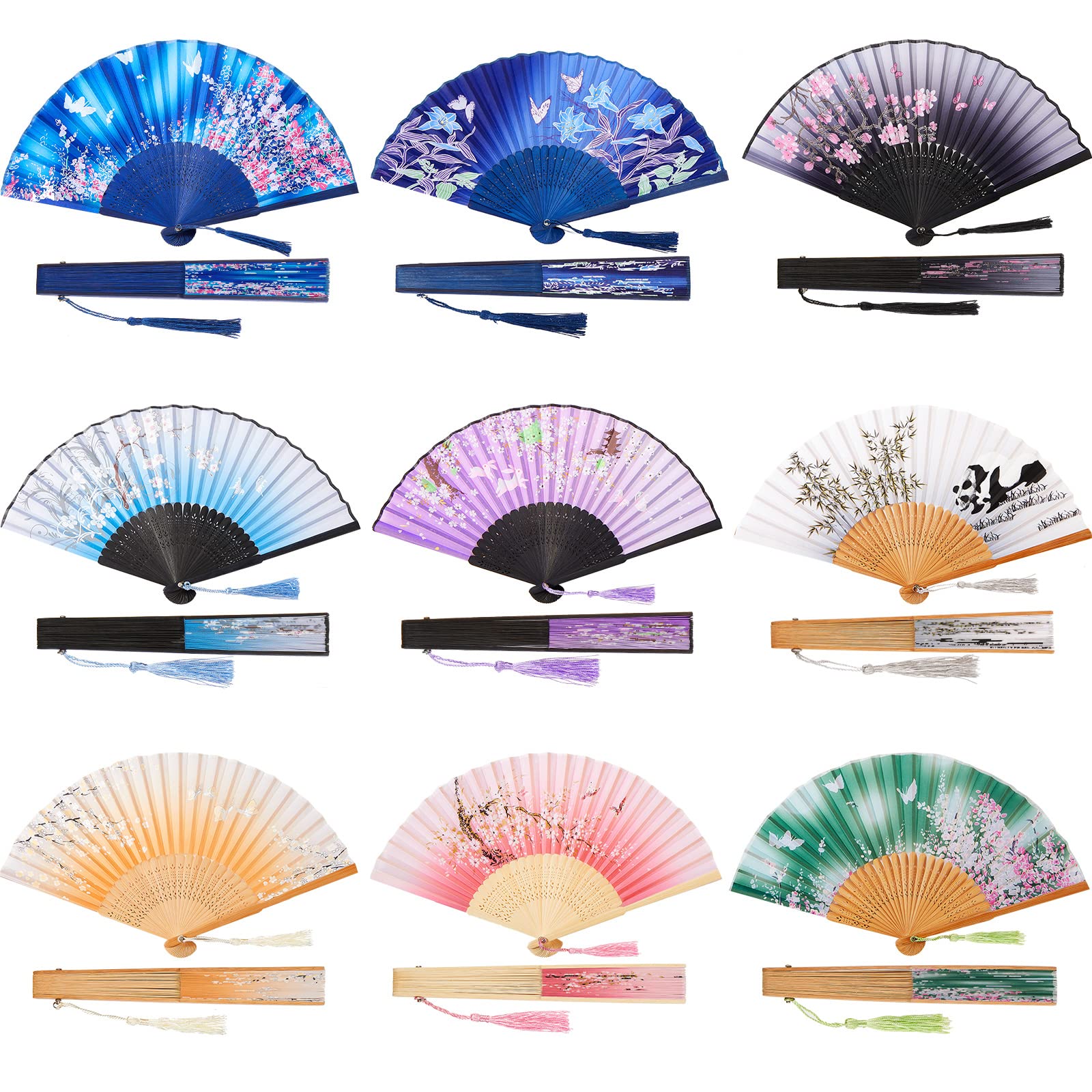 Jetec 9 Pieces Floral Folding Hand Fans Chinese Style Bamboo Folding Fan Handheld Fabric Folding Fan with Tassel Vintage Pattern Hand Fan Hollowed Bamboo Hand Holding Fan, 8.3 Inch (Assorted Styles)