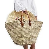 French Basket with Double Flat Leather Handles – Straw Tote, Beach Bag, Wicker Shopping Basket, Handmade Market Basket