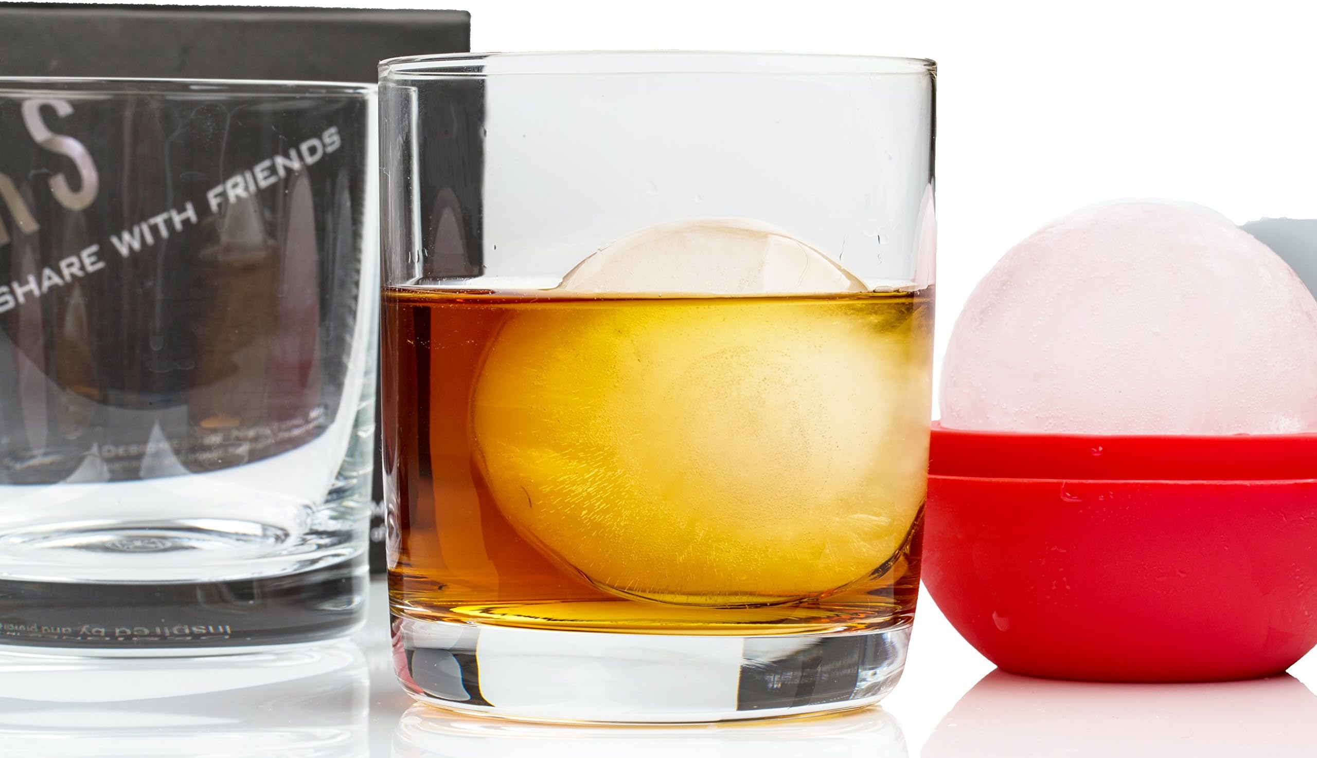 Whiskey Glass Set | 2 'The Franklin' Old Fashioned, Whiskey, Cocktail Glasses with 2 large ice sphere molds in gift package by The Elan Collective. Handmade crystal, 10 ounce capacity