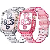 ANCOOL Compatible with Apple Watch Clear Band 41mm 40mm 38mm for Women Men, Crystal Bands with Bumper Case for iWatch Series 9 8 7 SE 6 5 4 3 2 1, Clear+Clear Red