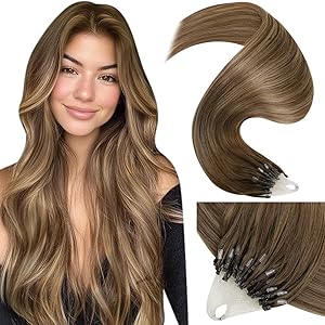 LaaVoo Microring Extensions Echthaar Balayage Braun Echthaar Extensions Mit Microring Hellbraun Ombre Goldblond Micro Loop Extensions Echthaar Unsichtbar #8/16/8 50G 45cm