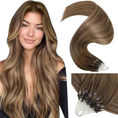LaaVoo Microring Extensions Echthaar Balayage Braun Echthaar Extensions Mit Microring Hellbraun Ombre Goldblond Micro Loop Extensions Echthaar Unsichtbar #8/16/8 50G 45cm
