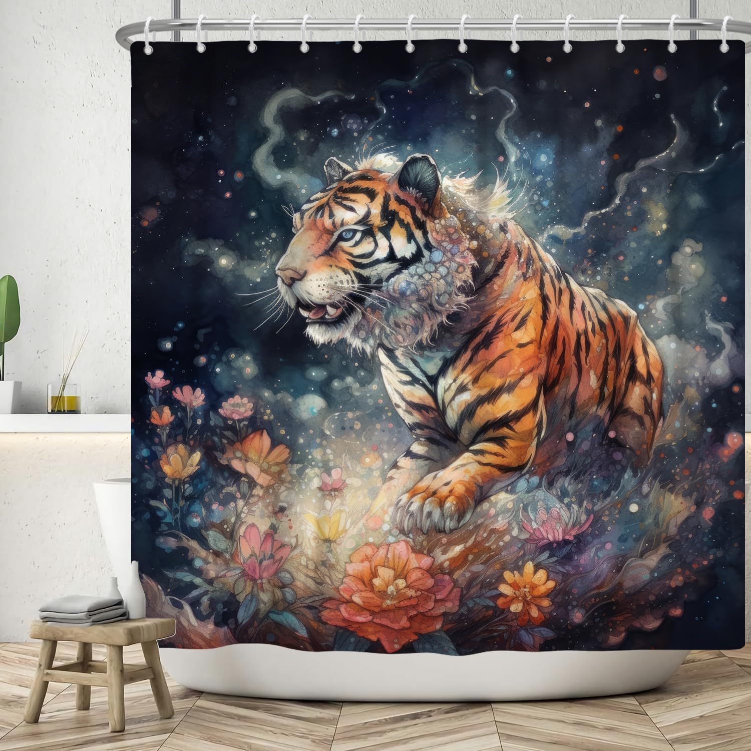 ASDCXZ Tiger Shower Curtain 180x180 cm, Art Watercolor Dominant Tiger Animal Rose Colorful Flowers Bath Washable Shower Curtains Polyester Textile Waterproof Bath Curtain for Bathtub with 12 Hooks