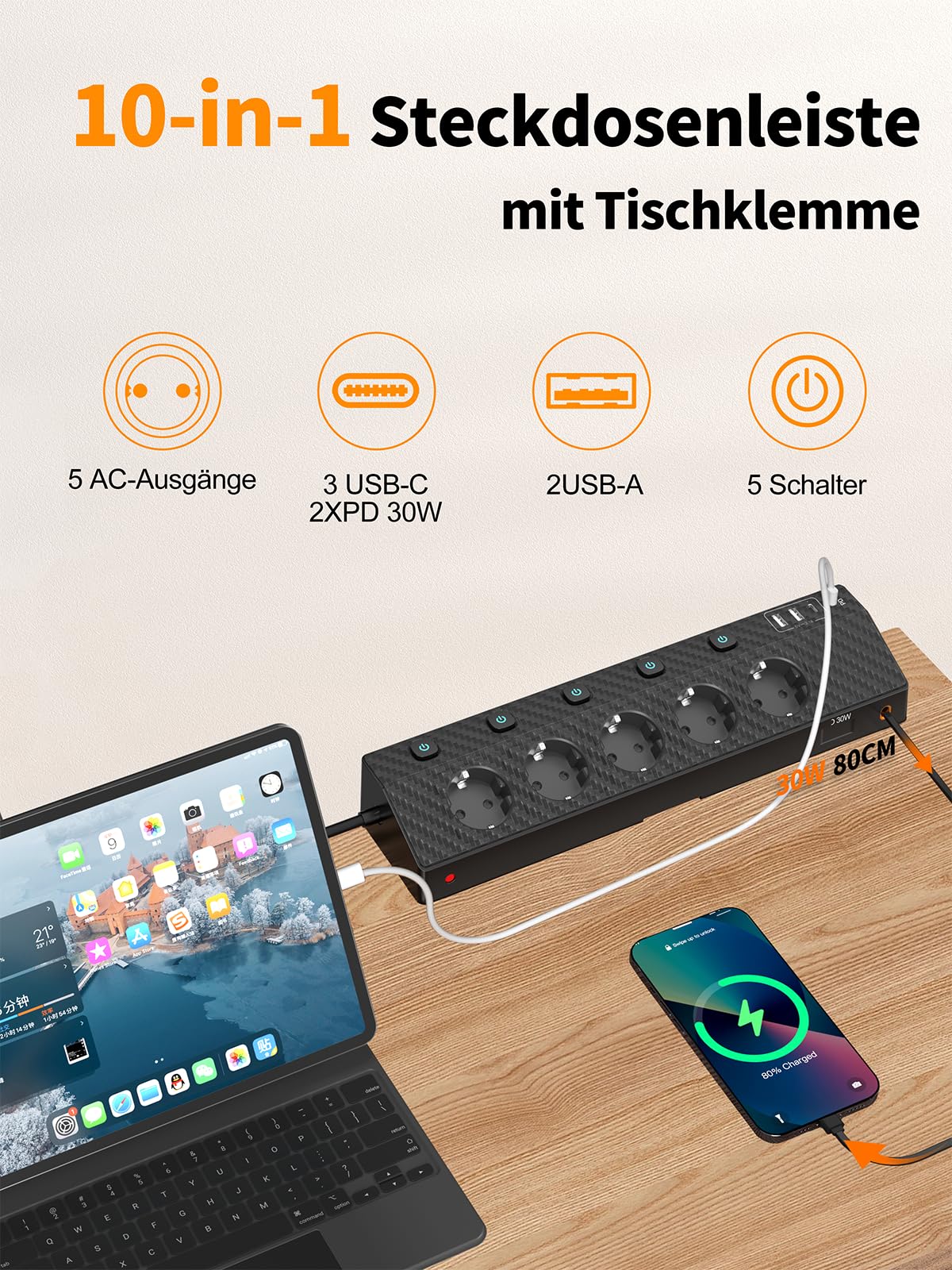 Tischsteckdose Steckdosenleiste mit 2 USB C (PD 30W), PASSUS 5 Fach Mehrfachsteckdose Schreibtisch mit Überspannungsschutz & Einzeln Schaltbar, 10-in-1 Ecksteckdose mit 2M Kabel für Büro, Schwarz 2