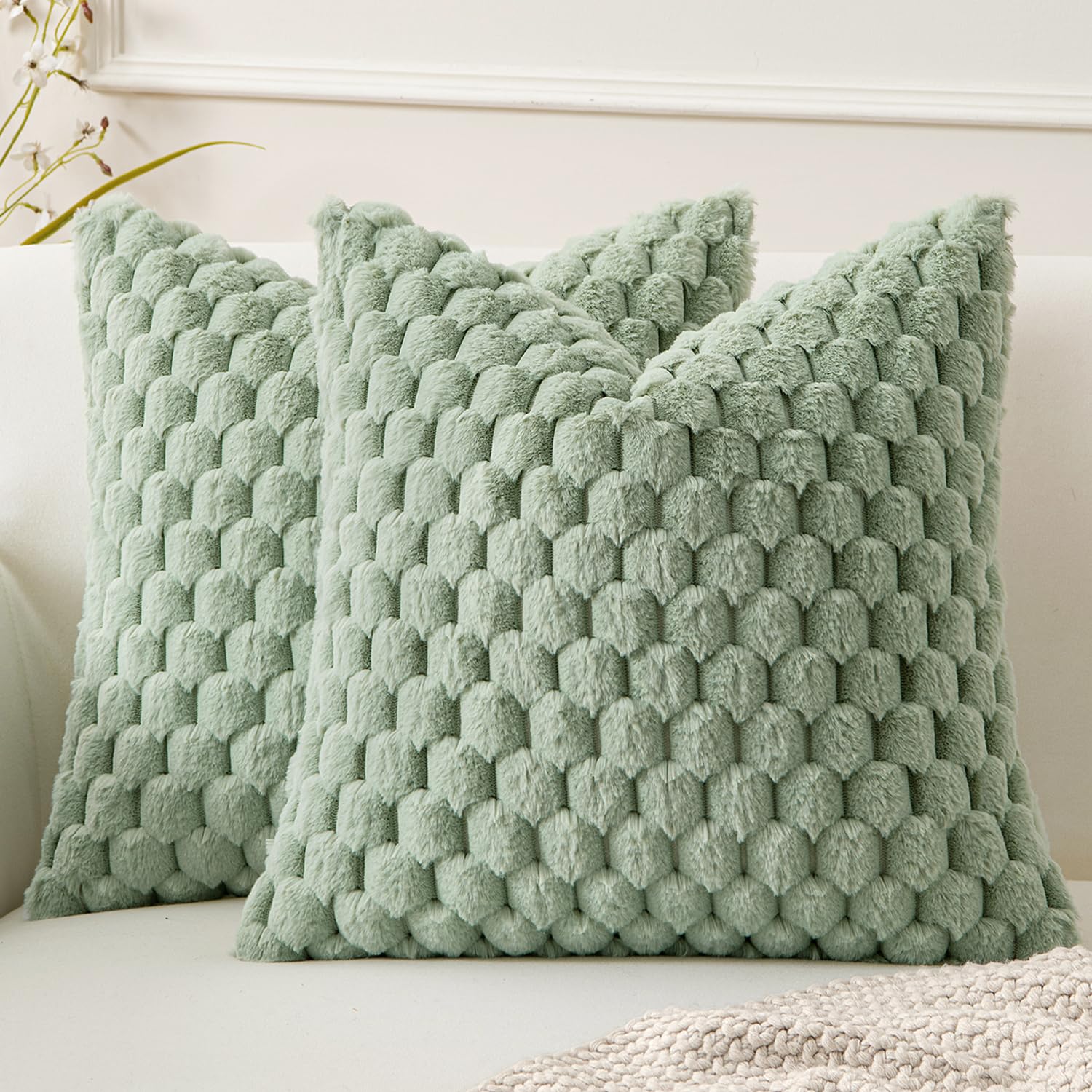 Photo 1 of MIULEE Sage Green Faux Fur Decorative Throw Pillow Covers 18x18 Inch Set of 2 Super Soft Cozy Plush Cushion Cases Luxury Fluffy Pillowcases for Sofa Couch Bed Living Room