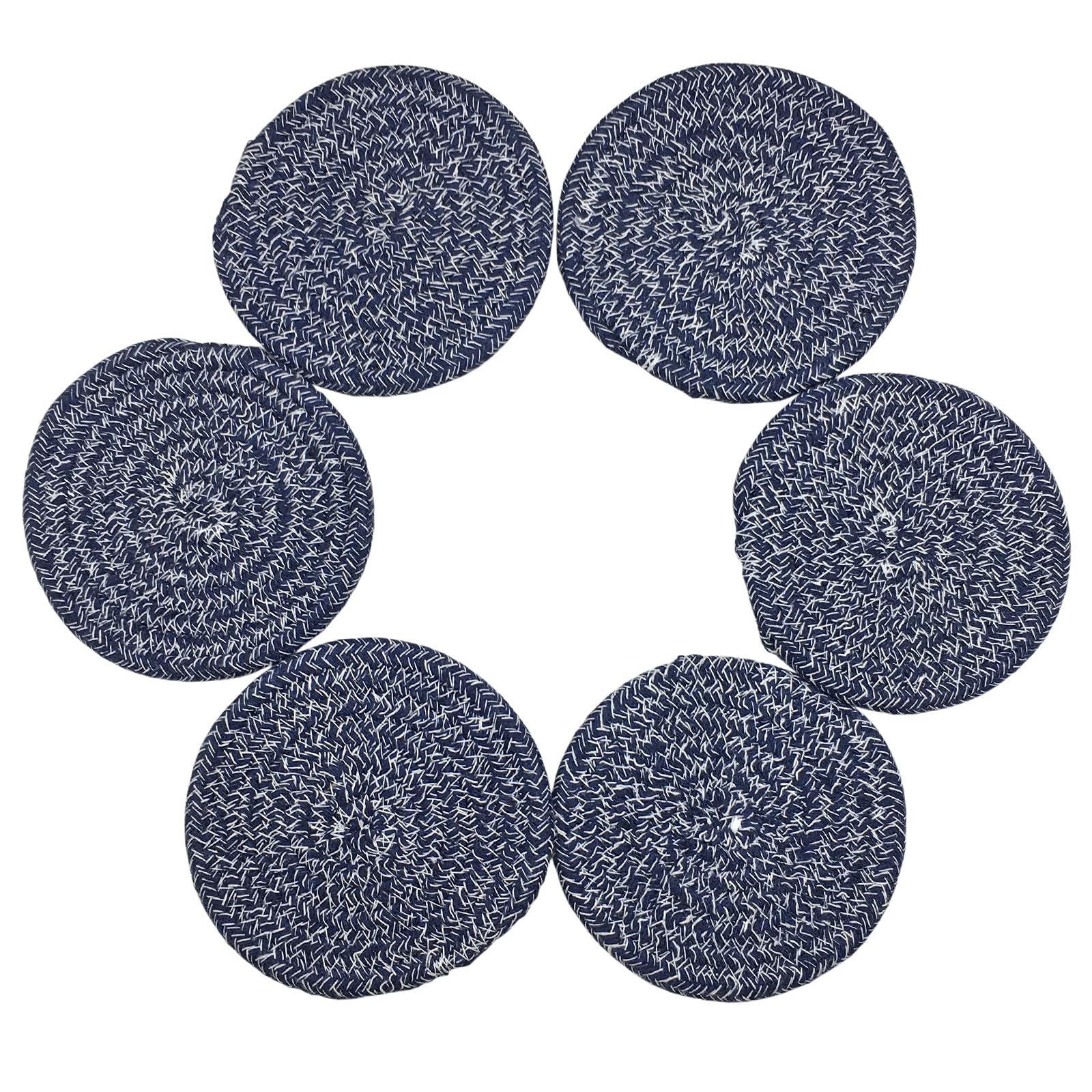 Absorbent Coasters for Drinks Set of 6, Woven Coaster Set, Soft Washable Drink Coasters,Small Cute Braided Placemats (navy blue)
