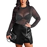 IN'VOLAND Women's Plus Size See Through T Shirt Glitter Sheer Mesh Top Long Sleeve Shirts Mock Neck Clubwear Slim Blouse