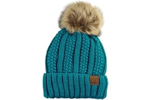 C.C Thick Cable Knit Faux Fuzzy Fur Pom Fleece Lined Skull Cap Cuff Beanie