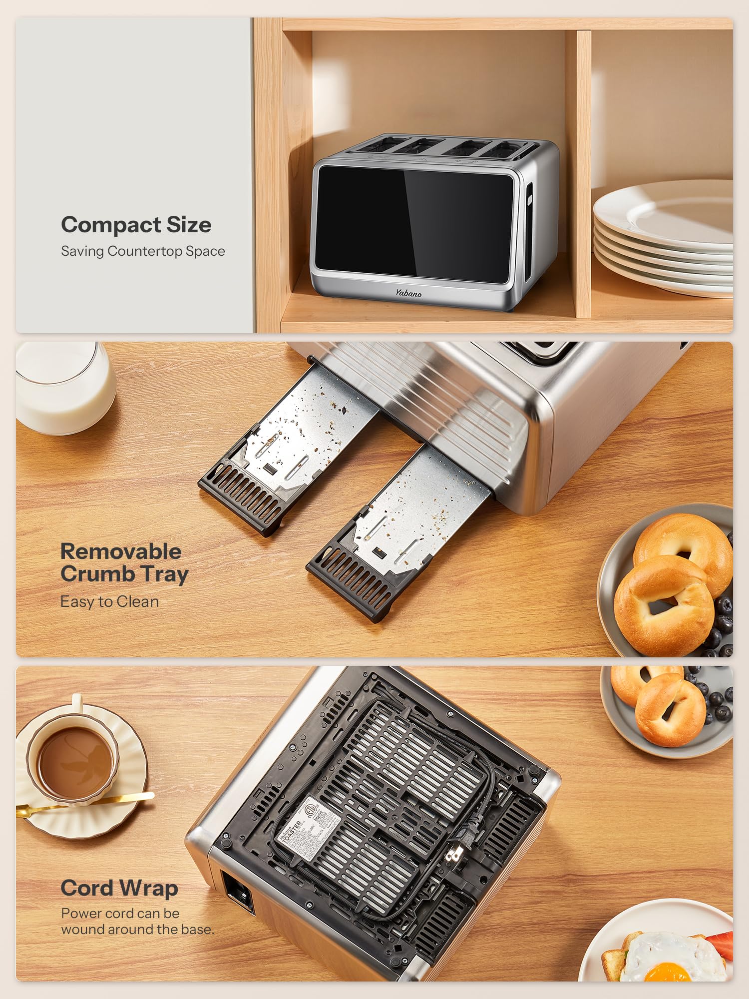 Tostadora Yabano de 4 rebanadas con control táctil inteligente, 6 niveles de sombra y 6 configuraciones de pan, ranura extra ancha para bagels/muffins ingleses, diseño compacto con bandeja recogemigas extraíble