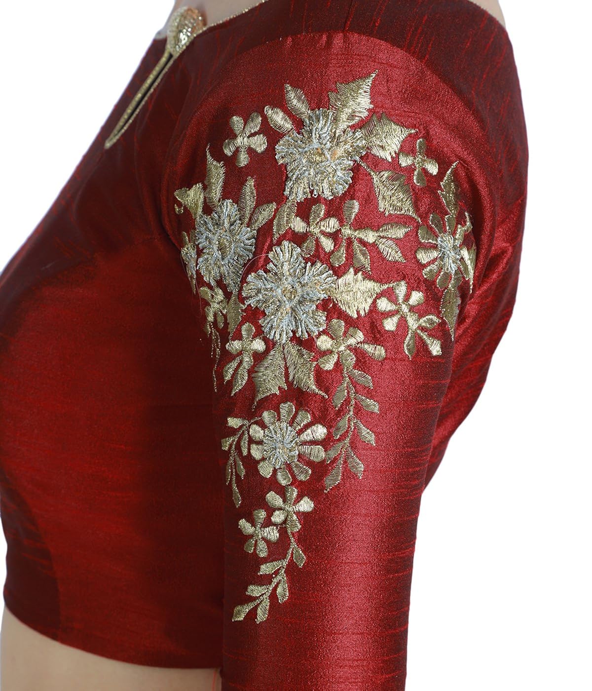 studio shringaar women's poly raw silk maroon readymade saree blouse with sleeves embroidery