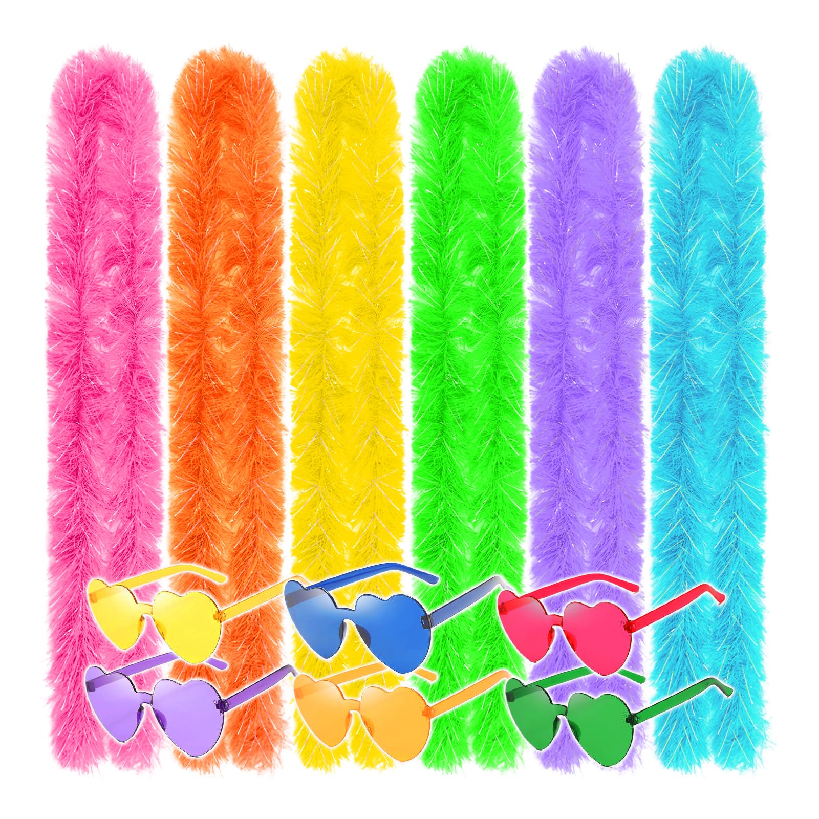 6Pcs Colorful Feather Boas, 6.6ft Fancy Dress Feather Boa for Women for Dancing Wedding Party Cosplay Halloween, Artificial Fluffy Boa Decorations with Heart Rimless Sunglasses (Rainbow)