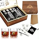 Whiskey Stones, Whiskey Glass Gift Set, Whisky Rocks Chilling Stones in Handmade Wooden Box– Cool Without Dilution – Whisky Glasses Set of 2, Gift for Dad, Husband, Men (Round2)